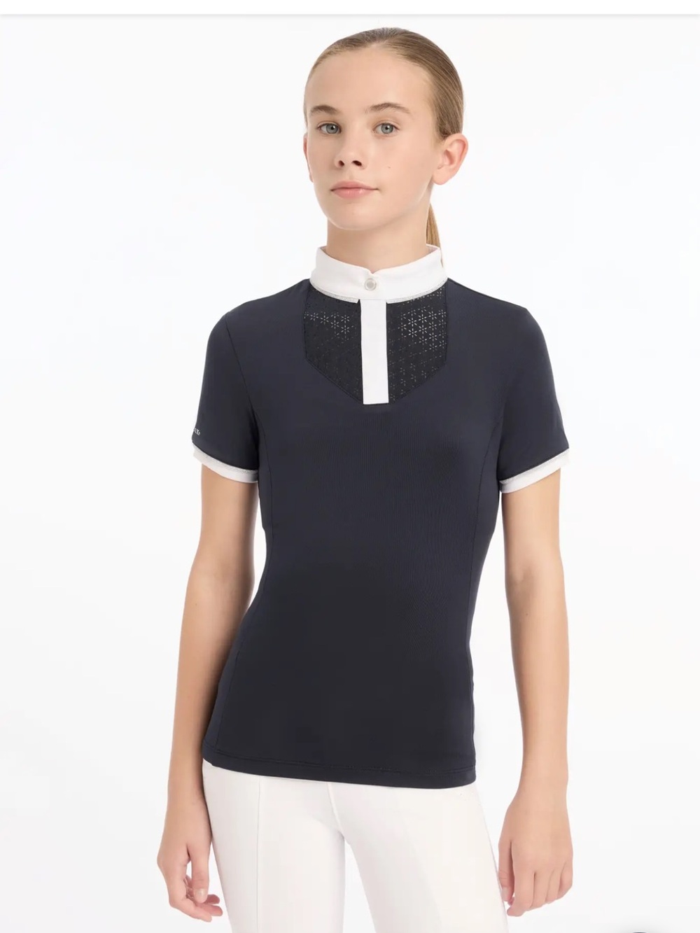 Girls' Lemieux Navy Show Shirt with White Trim and Placket